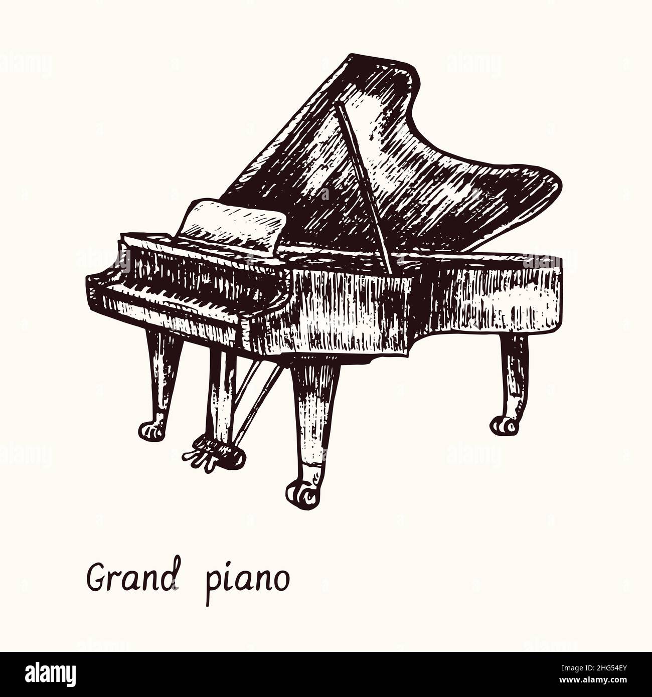 Grand piano. Ink black and white doodle drawing in woodcut style with  inscription Stock Photo - Alamy