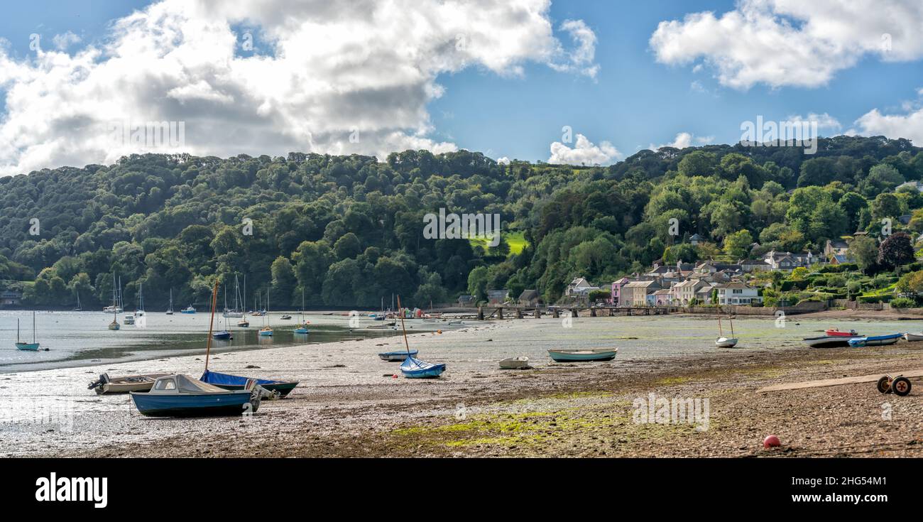 The village of Dittisham on the River Dart at very low tide, South Devon, South Hams, England, United Kingdom Stock Photo