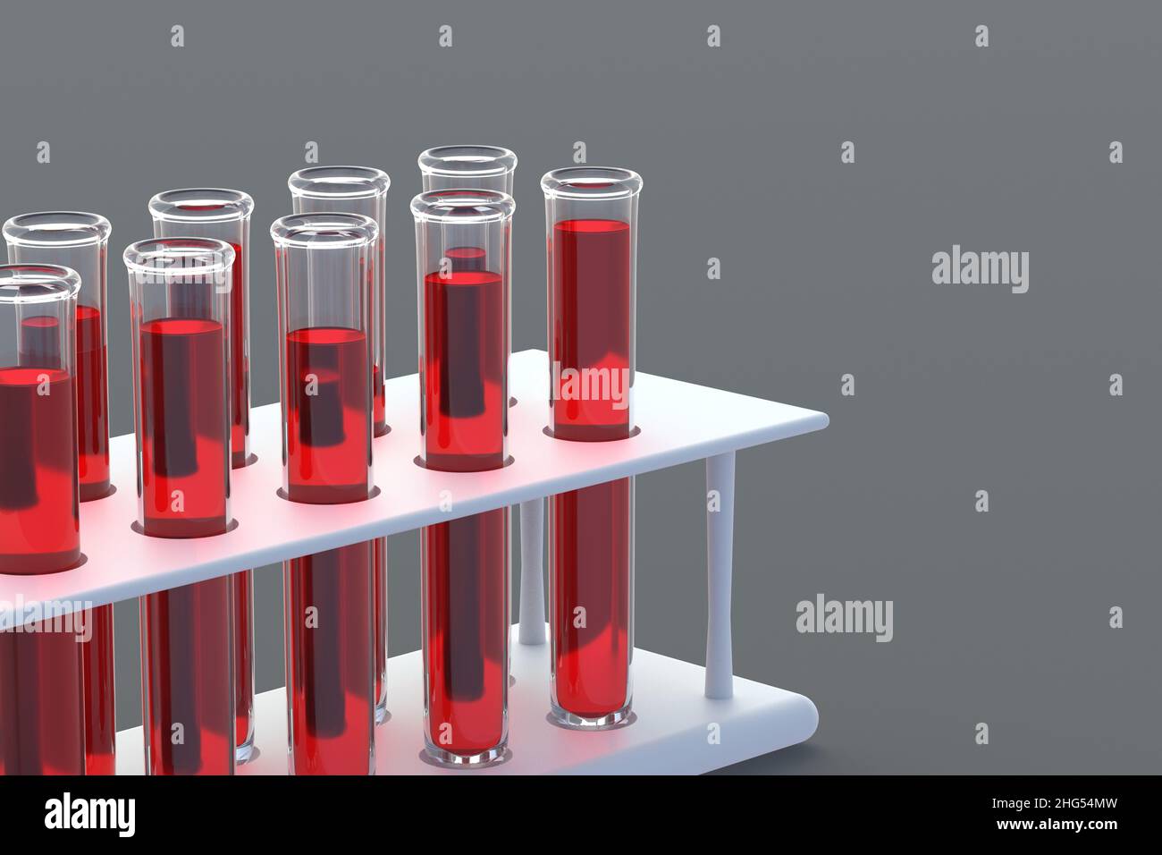 Test tubes with red liquid in holder. Scientific experiments. Development of vaccines, drugs. Medical tests. Modern biotechnology. Biological weapons. Stock Photo