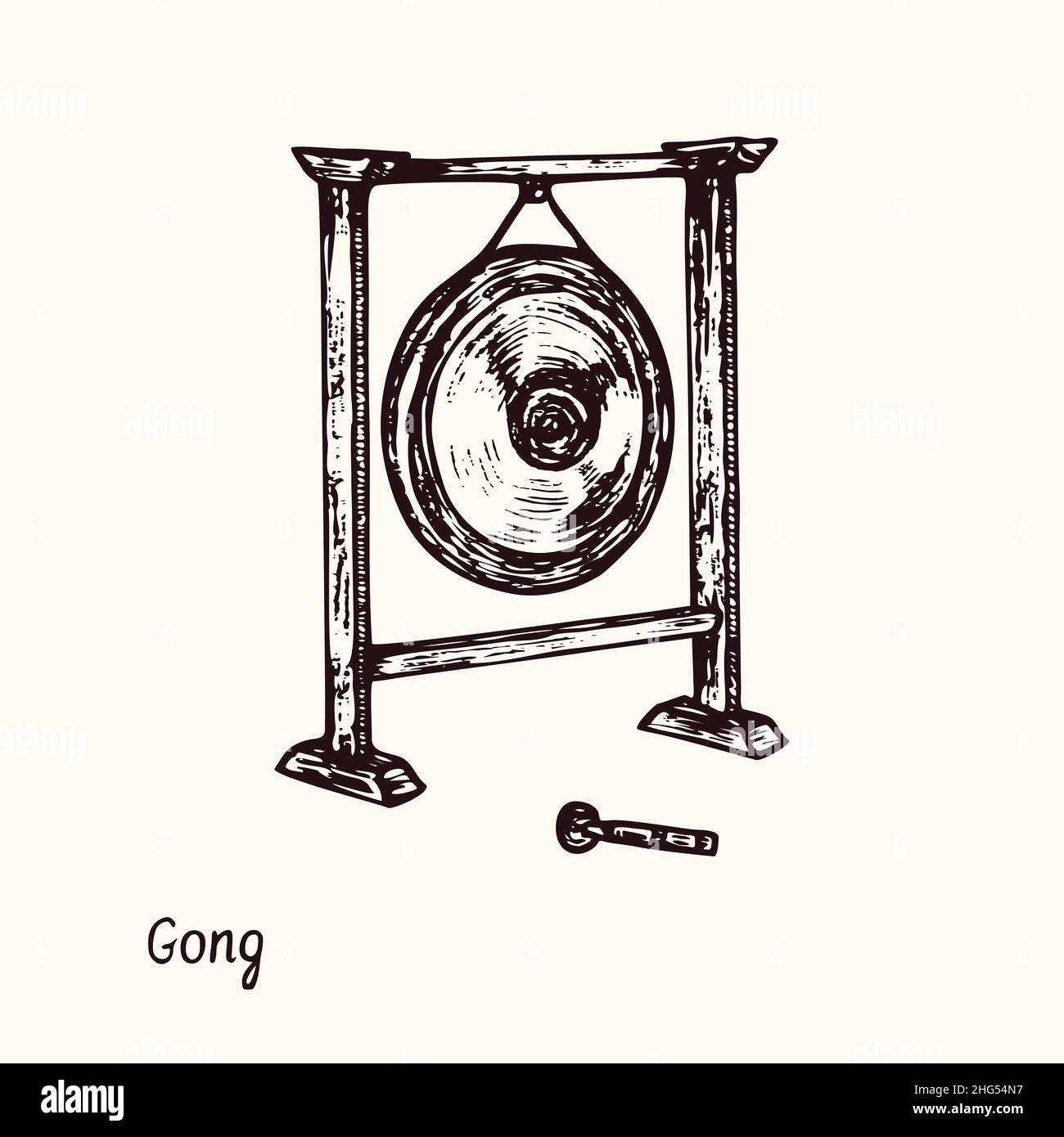 Gong. Ink black and white doodle drawing in woodcut style with