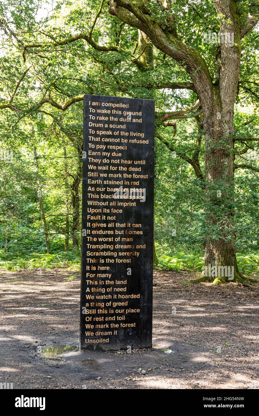 'Soil Unsoiled' a poetic collaboration between Zakiya Mckenzie & Khady Gueye on the Forest of Dean Sculpture Trail near Cannop, Coleford, Gloucestersh Stock Photo