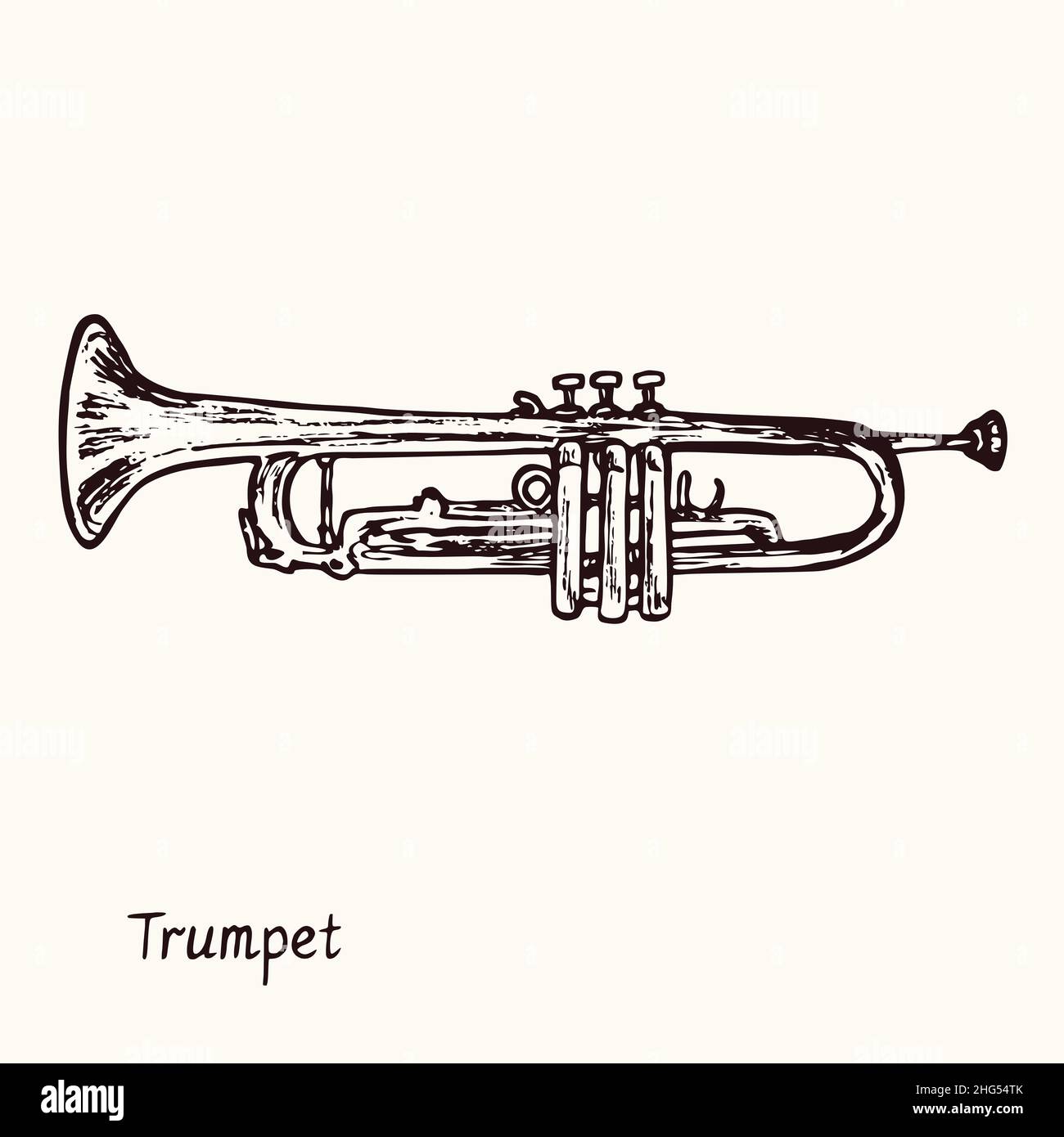Trumpet. Ink black and white doodle drawing in woodcut style with