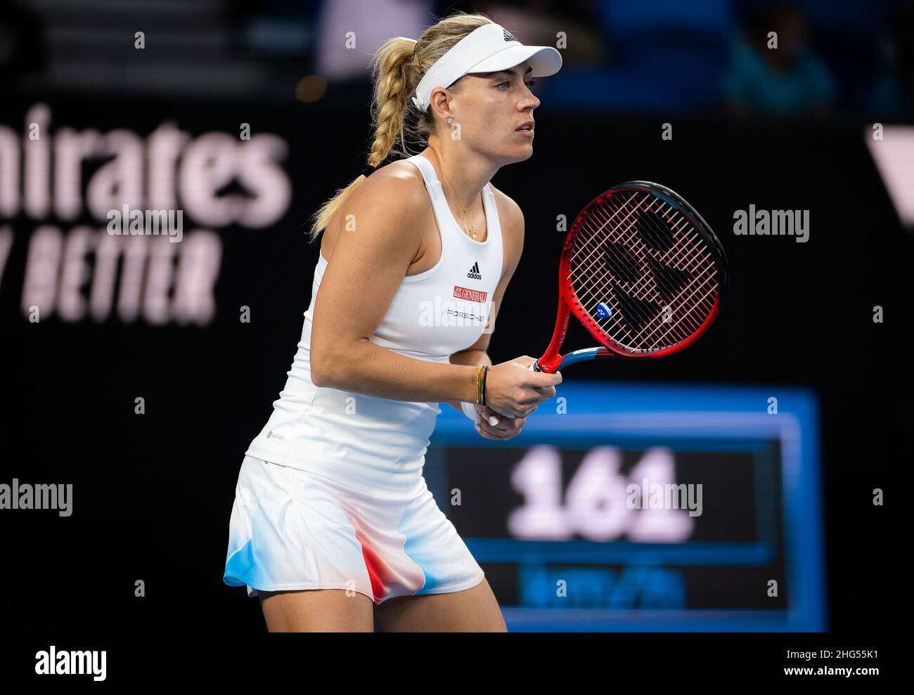 Angelique Kerber of Germany in action against Kaia Kanepi of Estonia during  the first round of the 2022 Australian Open, WTA Grand Slam tennis  tournament on January 18, 2022 at Melbourne Park
