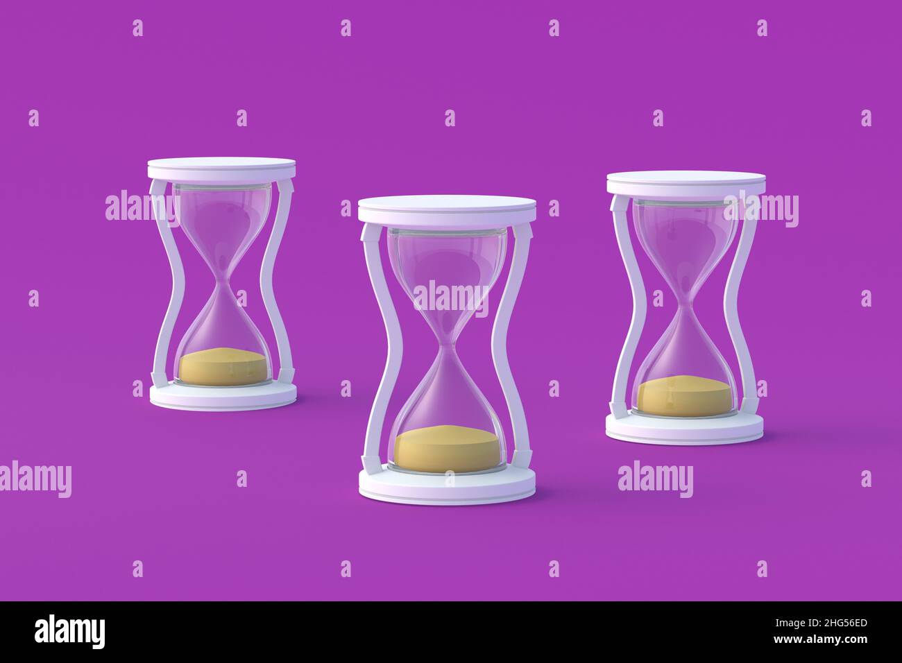 Sandglass on purple background. Vintage items. Countdown time. Historical dimension. Deadline measurement. 3d render Stock Photo