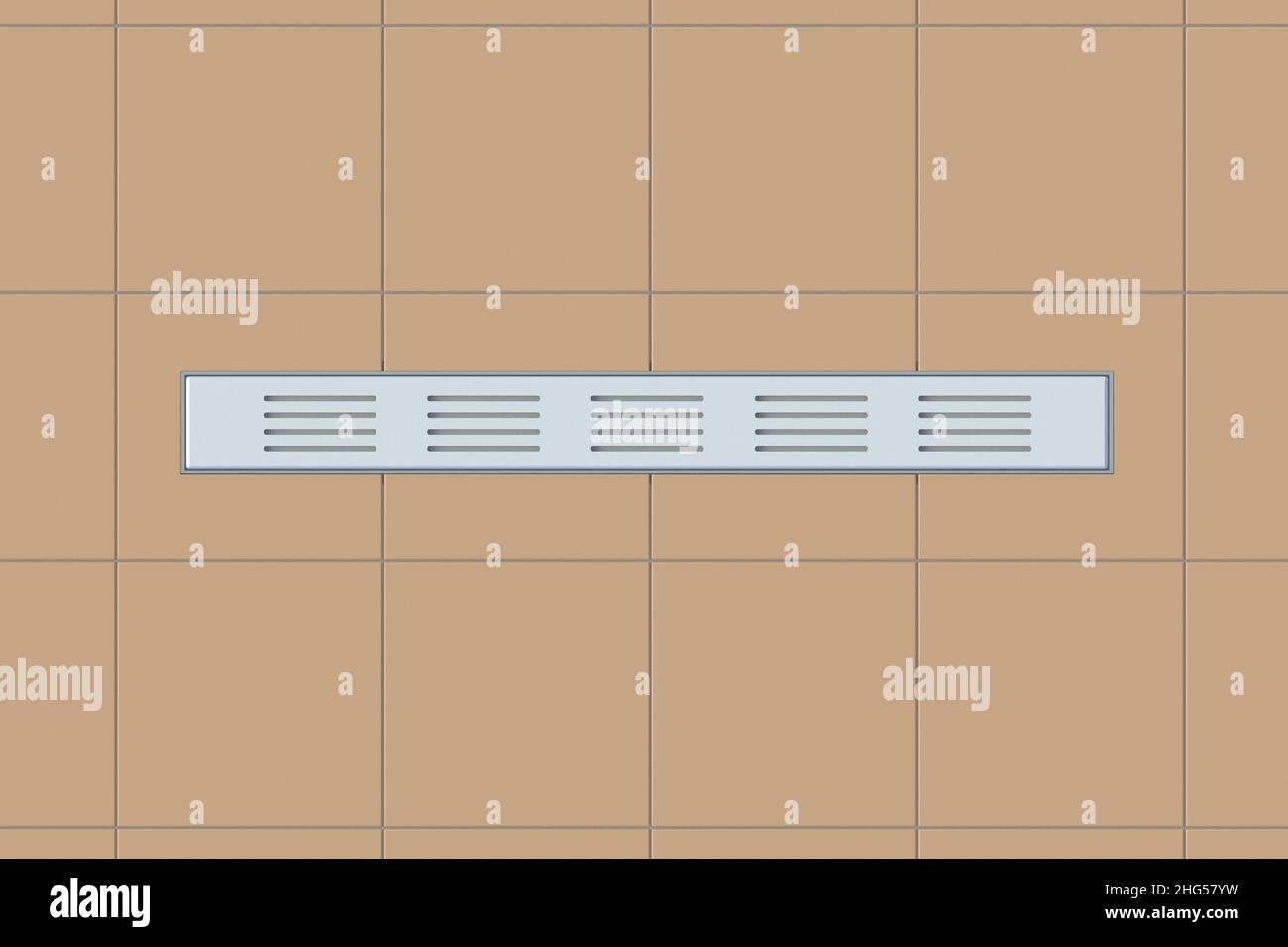 Long rectangular shower drain with stainless grid in bathroom on floor ...