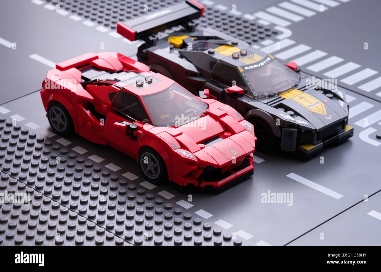 Tambov, Russian Federation - July 07, 2021 Lego Speed Champions cars - Ferrari  F8 Tributo and Chevrolet Corvette C8.R on Lego road baseplates Stock Photo  - Alamy