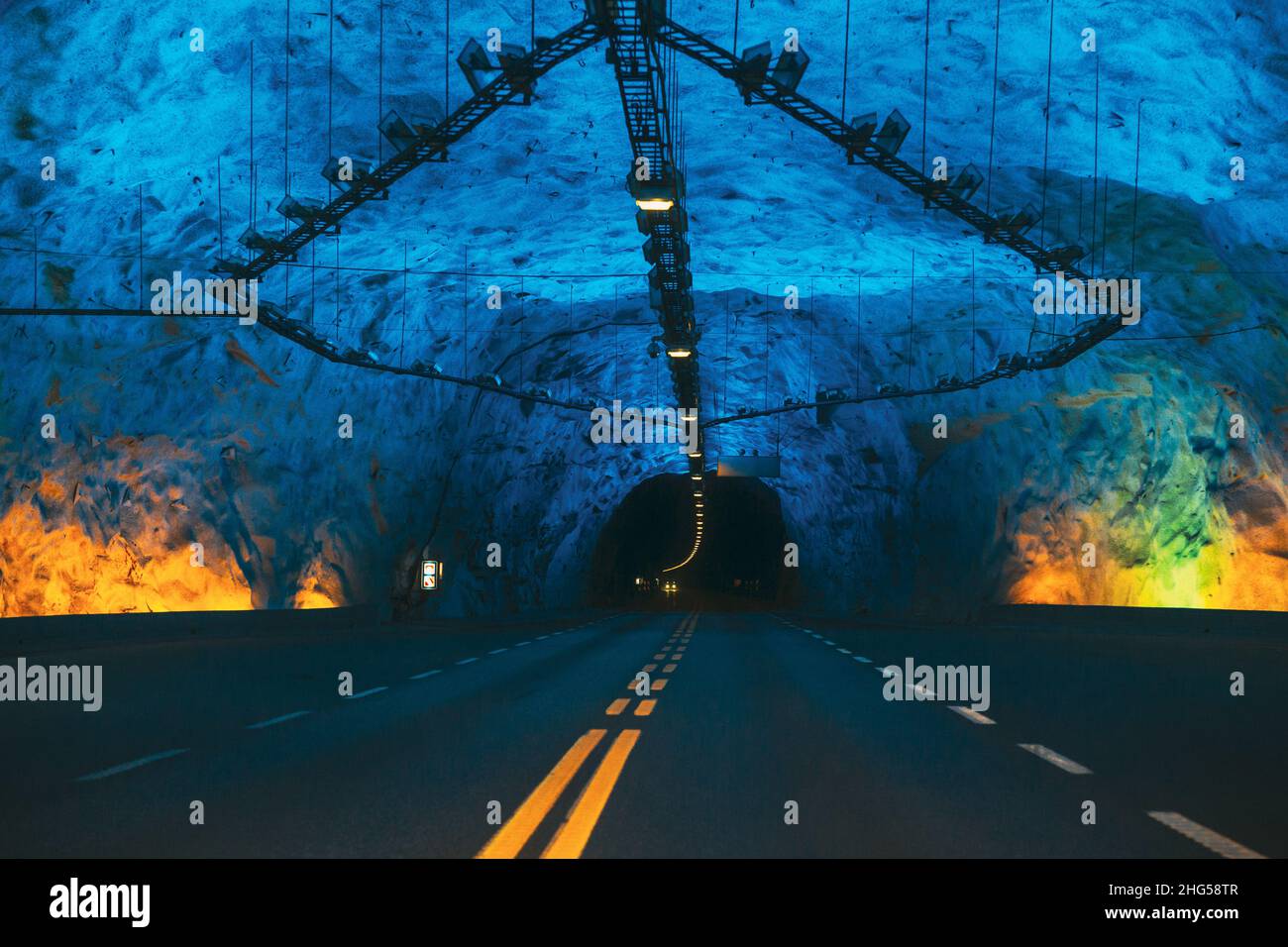 Laerdal Tunnel, Norway. Road On Illuminated Tunnel In Norwegian Mountains. Famous Longest Road