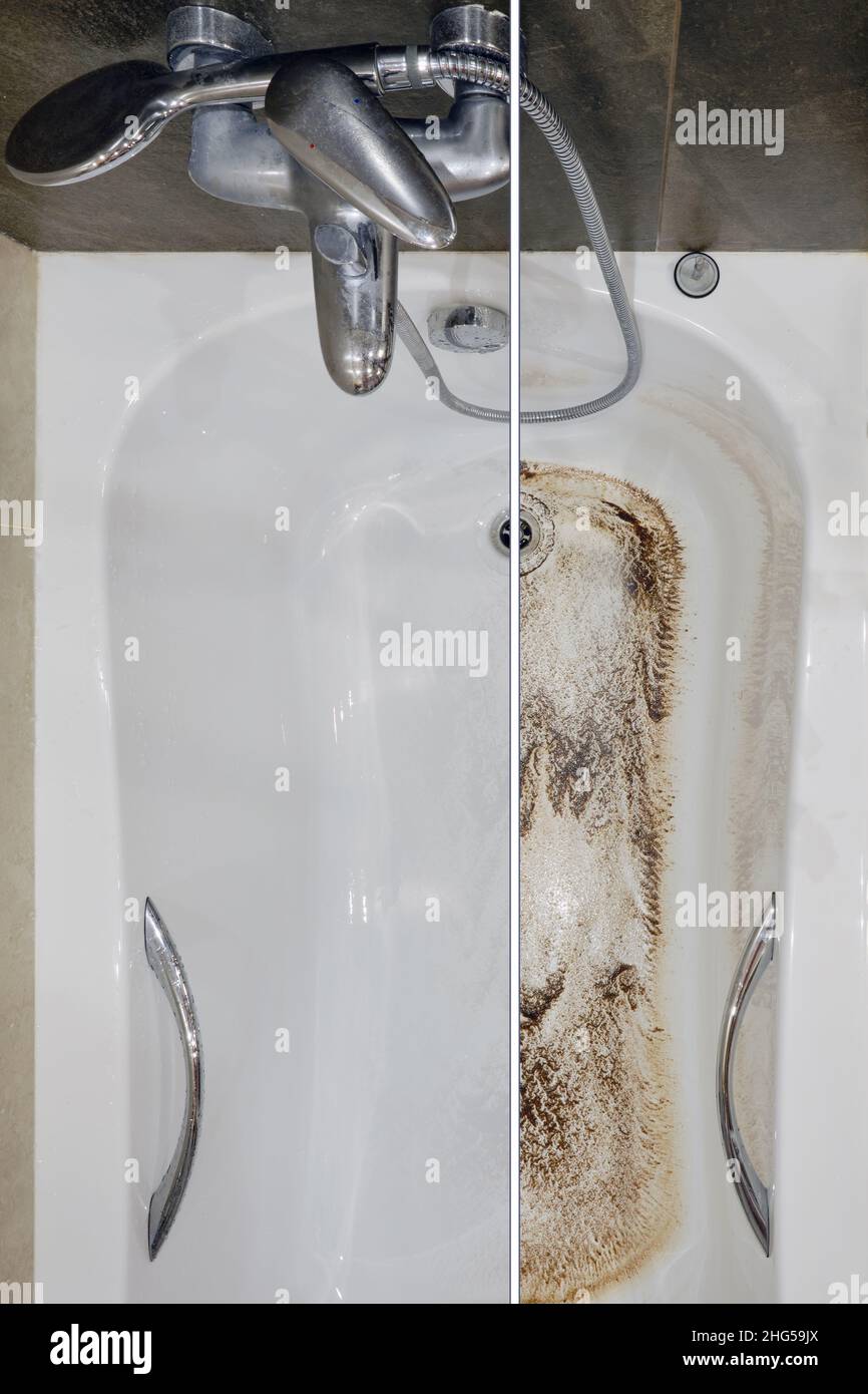 Dirty bath due to clogged sewer pipe and poor drainage before and after