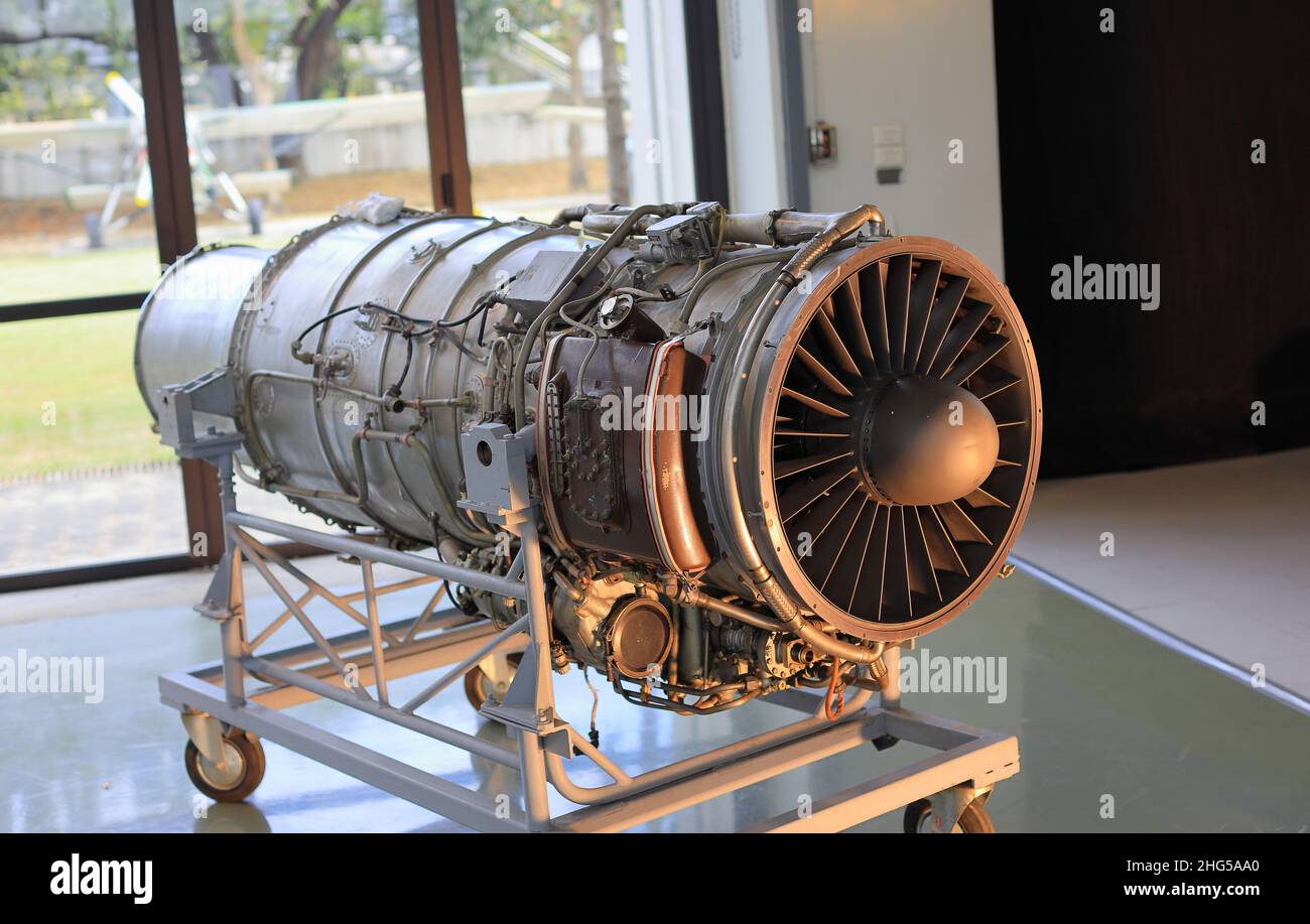 fighter jet engine, displayed on a stand at flight service center. Stock Photo
