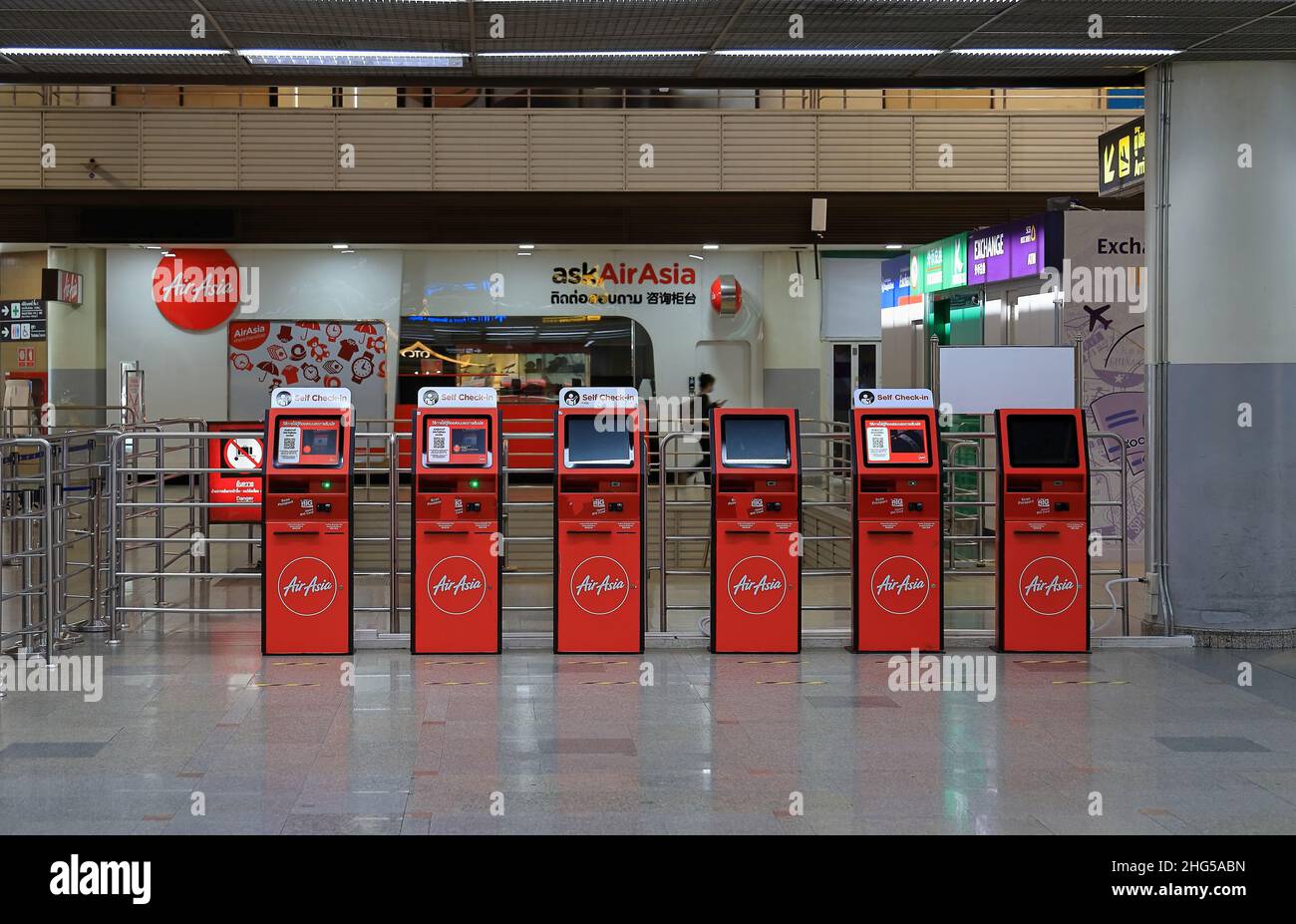 Airport check in terminals, Self service machine or airline check-in kiosk at airport for check in, printing boarding pass or buying ticket. Stock Photo