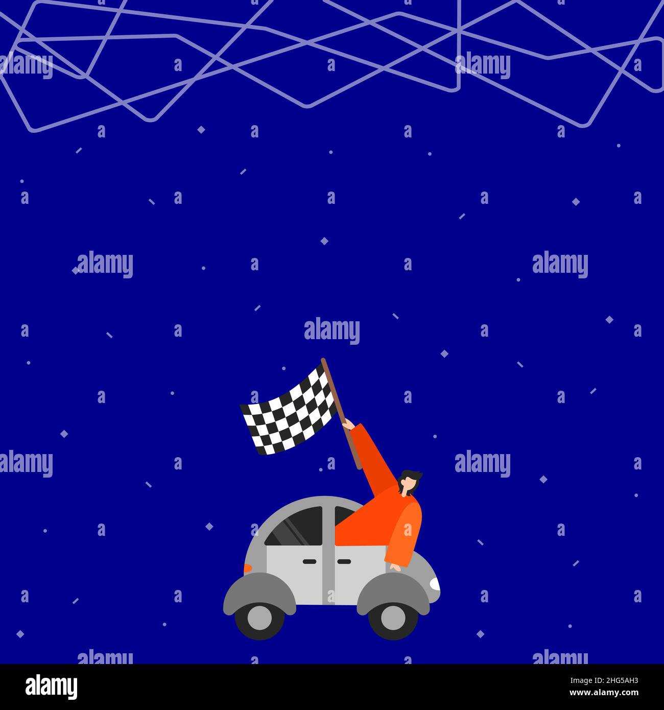 Businessman Waving Banner From Vehicle Racing Towards Successful Future Advancements. Human Reaching Out Car Using Flag Representing Start Newest Stock Vector