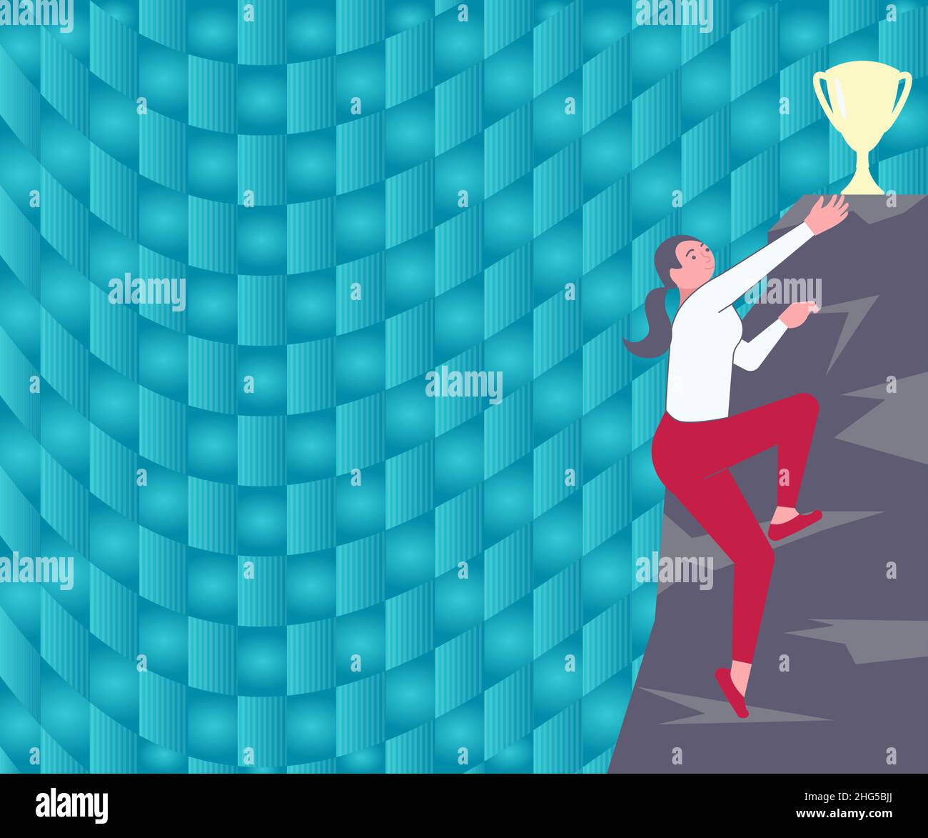 Woman Climbing Mountain Reaching Trophy Representing Successfully Achieving Goals. Lady Moving Upwards Hill Taking Prize Displaying Success Stock Vector