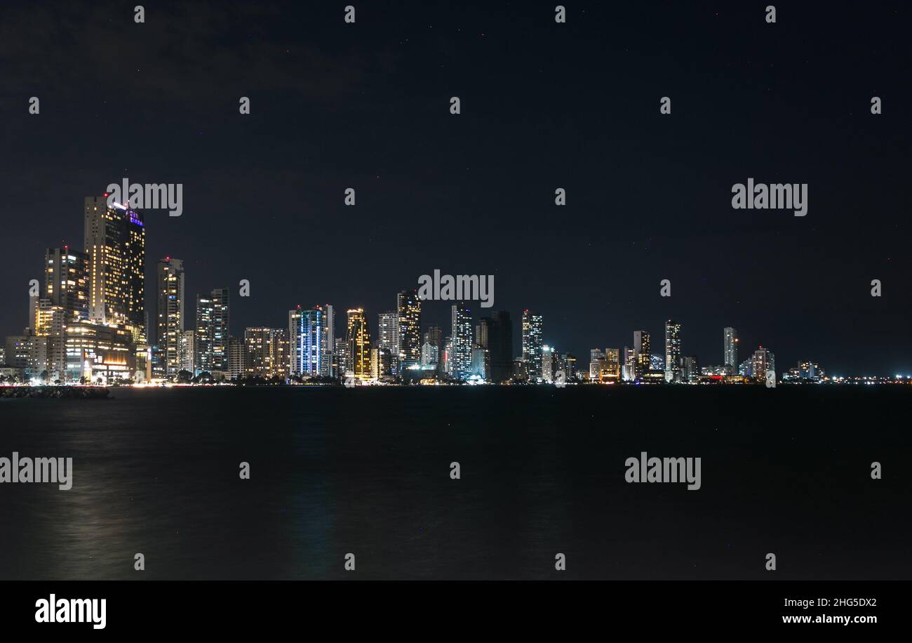 Cartagena, Bocagrande cityscape at night of bustling downtown urban panorama Stock Photo