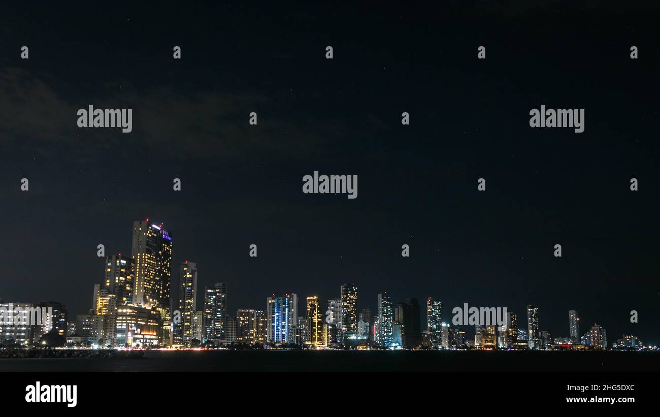 Cartagena, Bocagrande cityscape at night of bustling downtown urban panorama Stock Photo