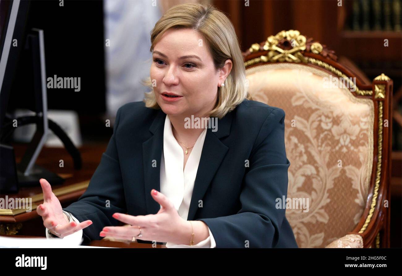 Moscow, Russia. 18th Jan, 2022. Russian Minister of Culture Olga Lyubimova during a face-to-face meeting with President Vladimir Putin at the Kremlin, January 18, 2022 in Moscow, Russia. Credit: Mikhail Metzel/Kremlin Pool/Alamy Live News Stock Photo