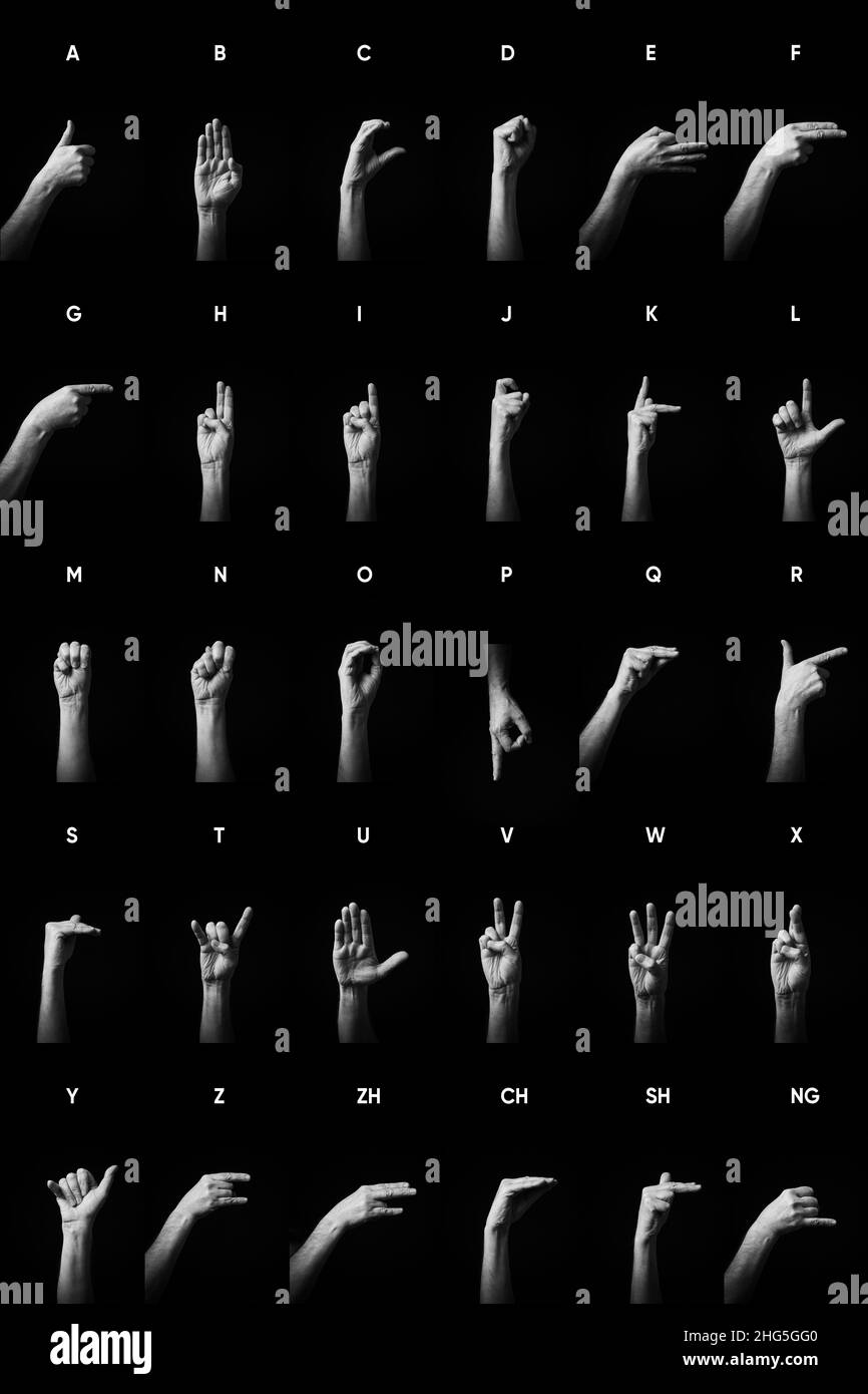 Dramatic B&W image of male hands demonstrating all CSL Chinese sign language alphabet letters A-Z with text Stock Photo