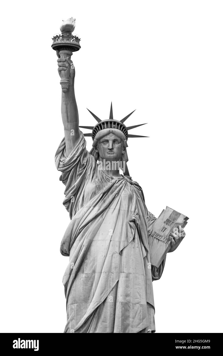 Statue of liberty in New York isolated on white background, front view black and white picture Stock Photo
