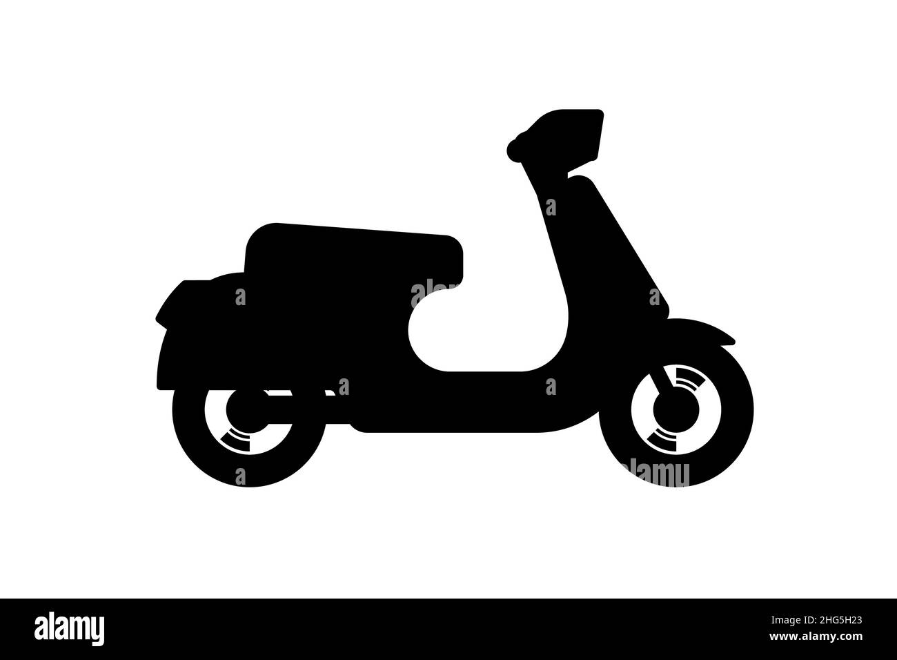 Retro motor scooter black icon. Traditional recreational motorcycle transport road sign. Moped delivery symbol. Vintage motorbike vector eps illustration isolated on white background Stock Vector