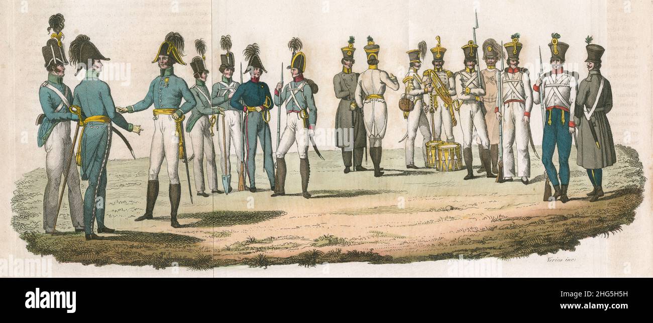 Antique c1830 hand-tinted engraving, 19th century sappers, miners and engineers in the German Imperial Army (Holy Roman Empire). Published by Giulio Ferrario. SOURCE: ORIGINAL ENGRAVING Stock Photo