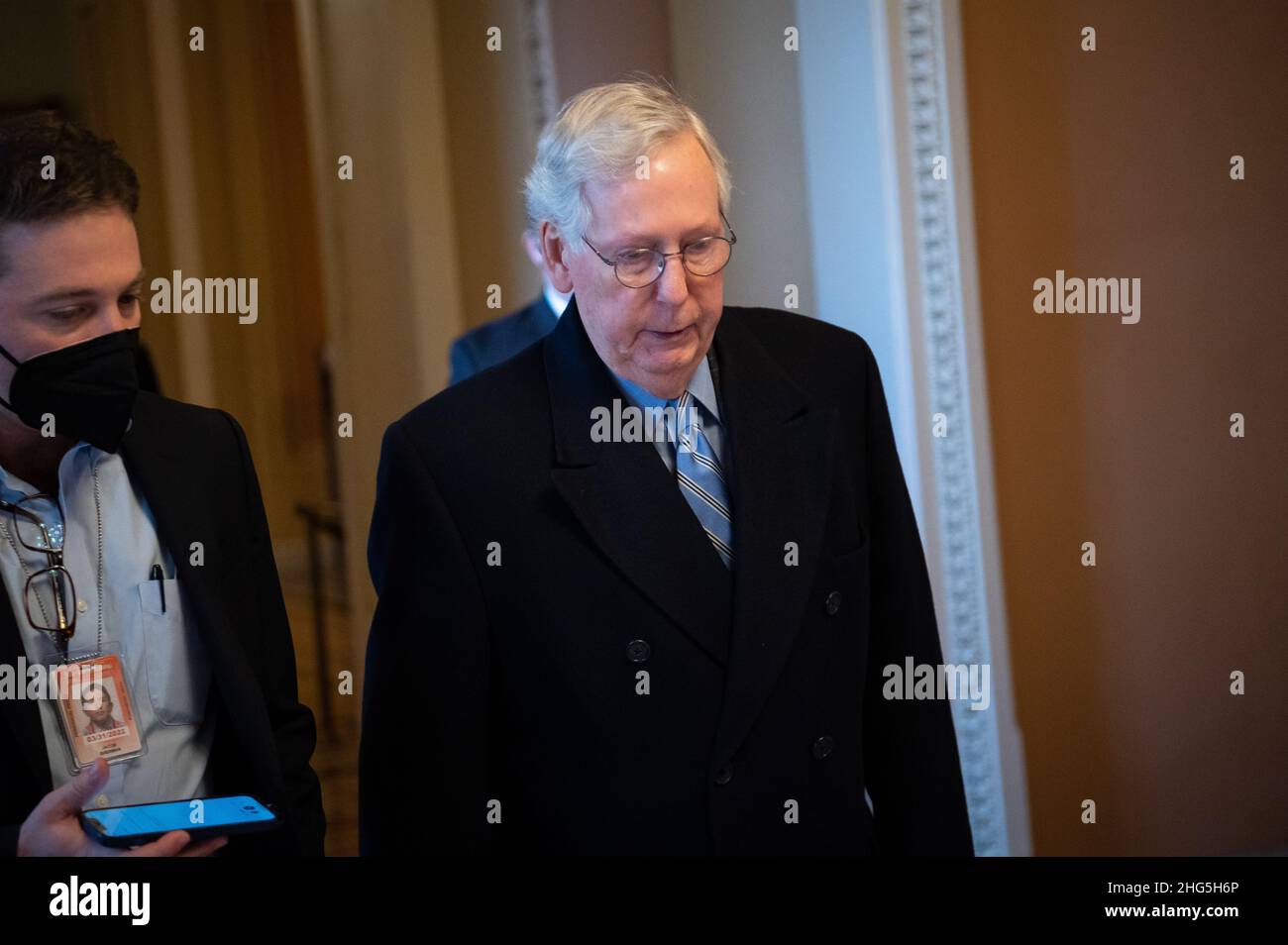 Washington, USA. 18th Jan, 2022. Senator Mitch McConnell (R-KY), the Senate Minority Leader, speaks to media at the U.S. Capitol, in Washington, DC, on Tuesday, January 18, 2022. Congress returns from a long weekend, with Democrats continuing to push voting rights legislation in the Senate against opposition from Republicans and moderate Democrats. (Graeme Sloan/Sipa USA) Credit: Sipa USA/Alamy Live News Stock Photo