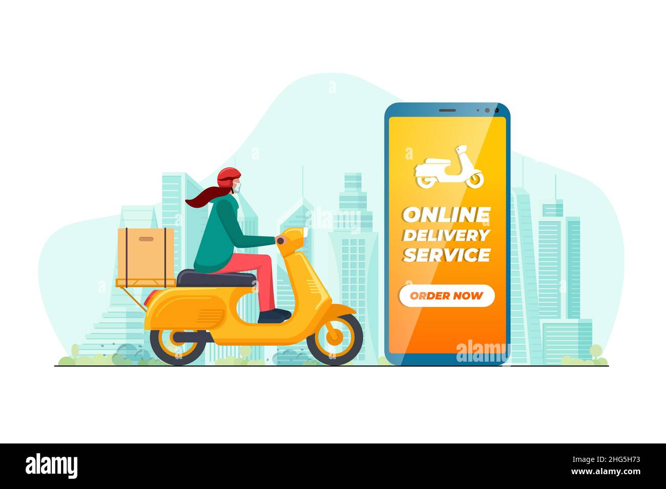 Safe contactless delivery service app concept. Girl courier in motorbike helmet on motor scooter moped delivering package box. Online ordering mobile application on cityscape and location pin. Vector Stock Vector