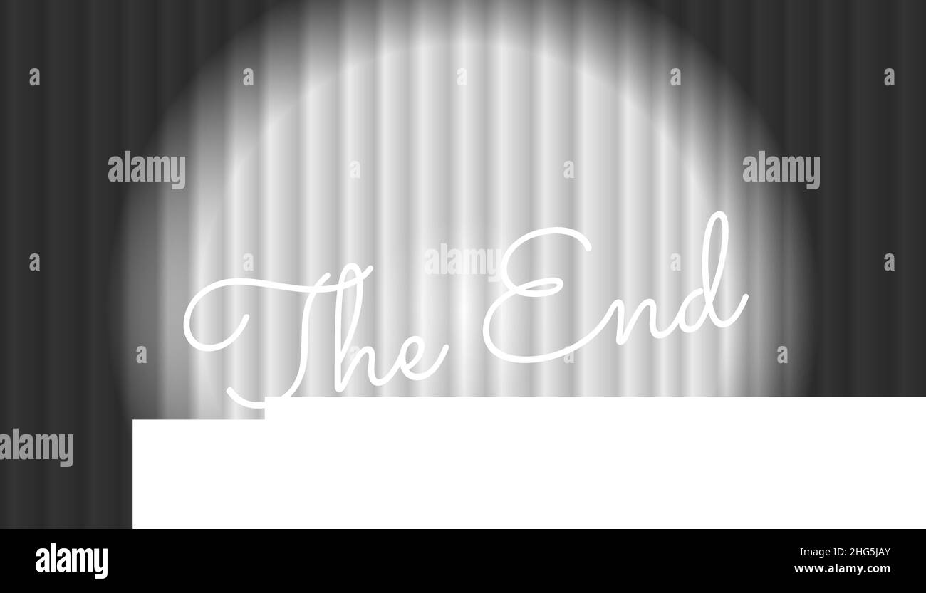 The End text on closed white silky luxury theater curtain background with spotlight beam illuminated. Black title on old silent movie ending backdrop. Promotion message noir vector eps banner Stock Vector