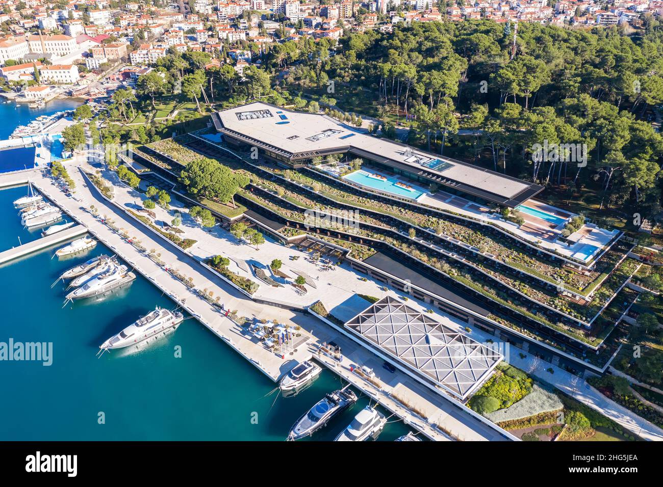 ROVINJ, CROATIA - DECEMBER 16, 2021 - Modern and luxury Grand Park Hotel and ACI Marina in Rovinj  - Rovigno, aerial view, Istria, Croatia Stock Photo