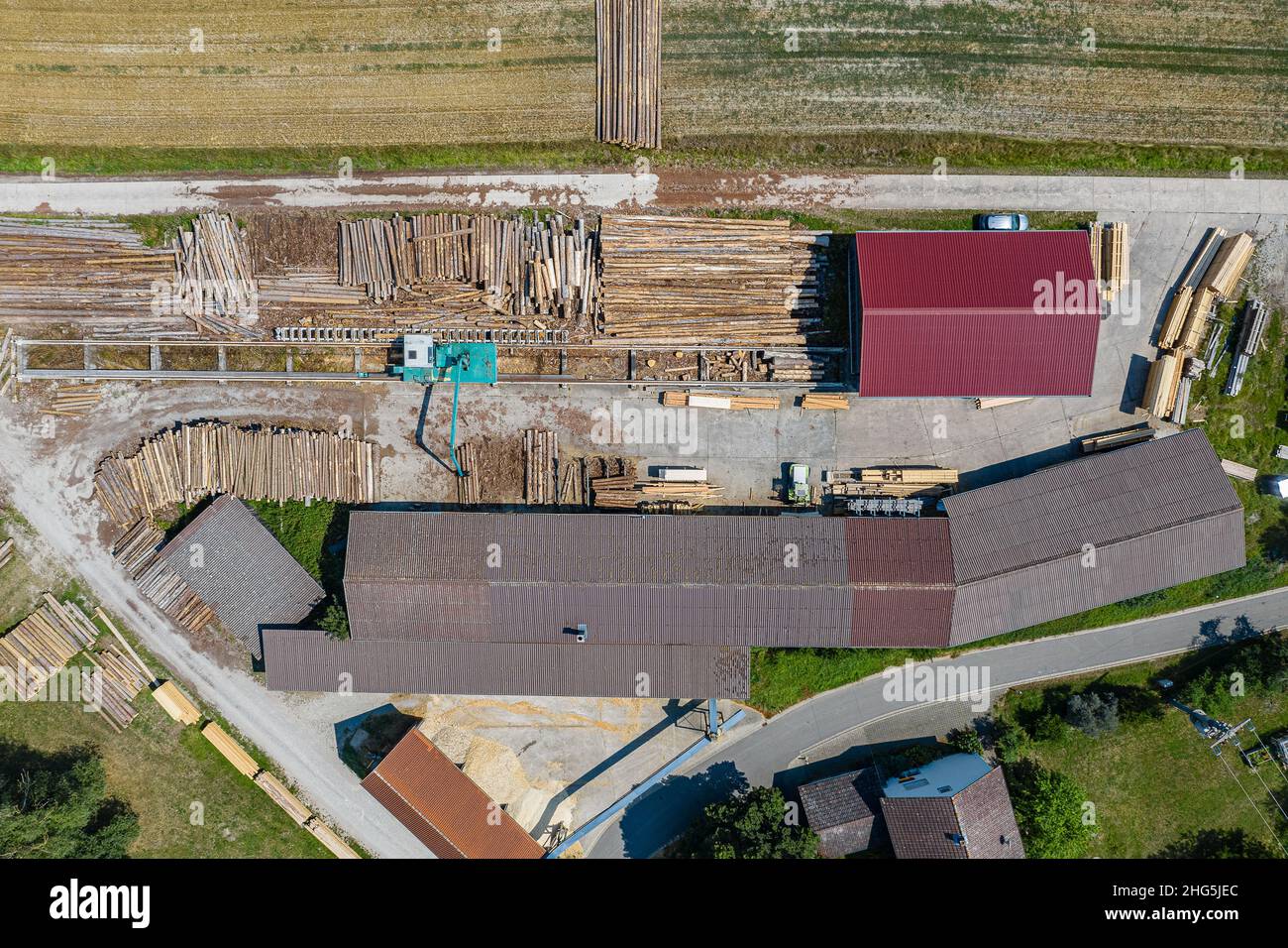 aerial view of sawmill with buildings and machines Stock Photo