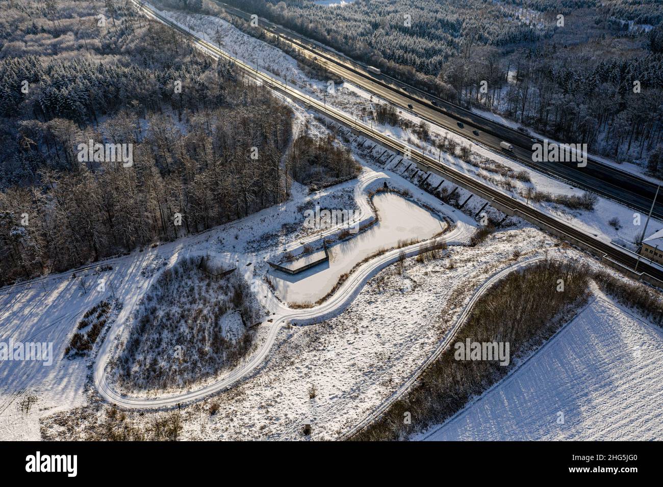 aerial view of a duck pond on a sunny winter day Stock Photo