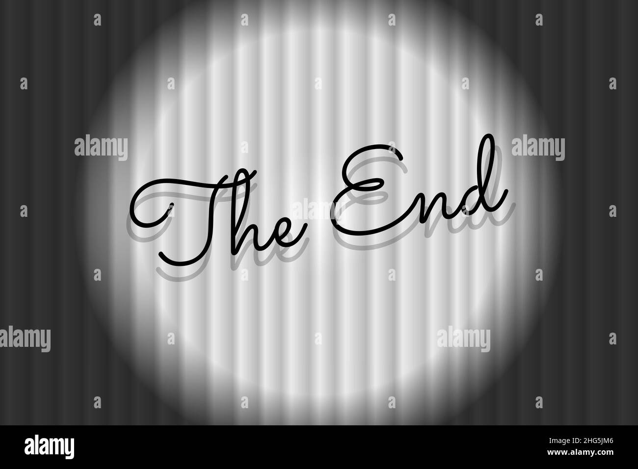 The End text on closed white silky luxury theater curtain background with  spotlight beam illuminated. Black title on old silent movie ending  backdrop. Promotion message noir vector eps banner Stock Vector Image