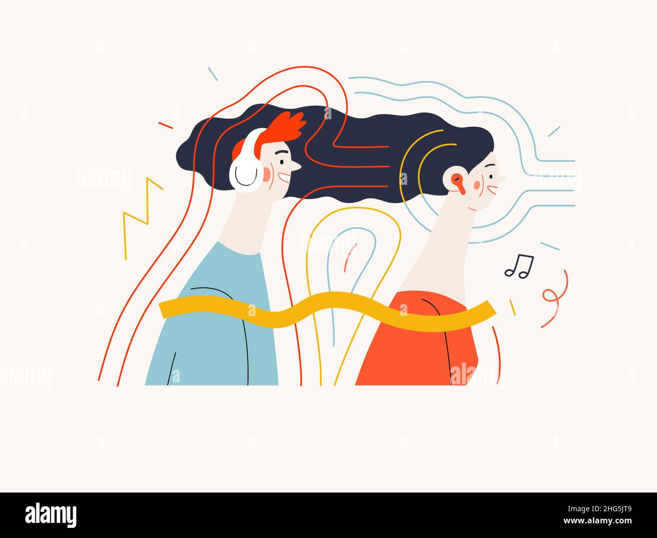 Technology Memphis - music streaming -modern flat vector concept digital illustration of young people wearing headphones listening the music, streaming application. Creative landing web illustration Stock Vector
