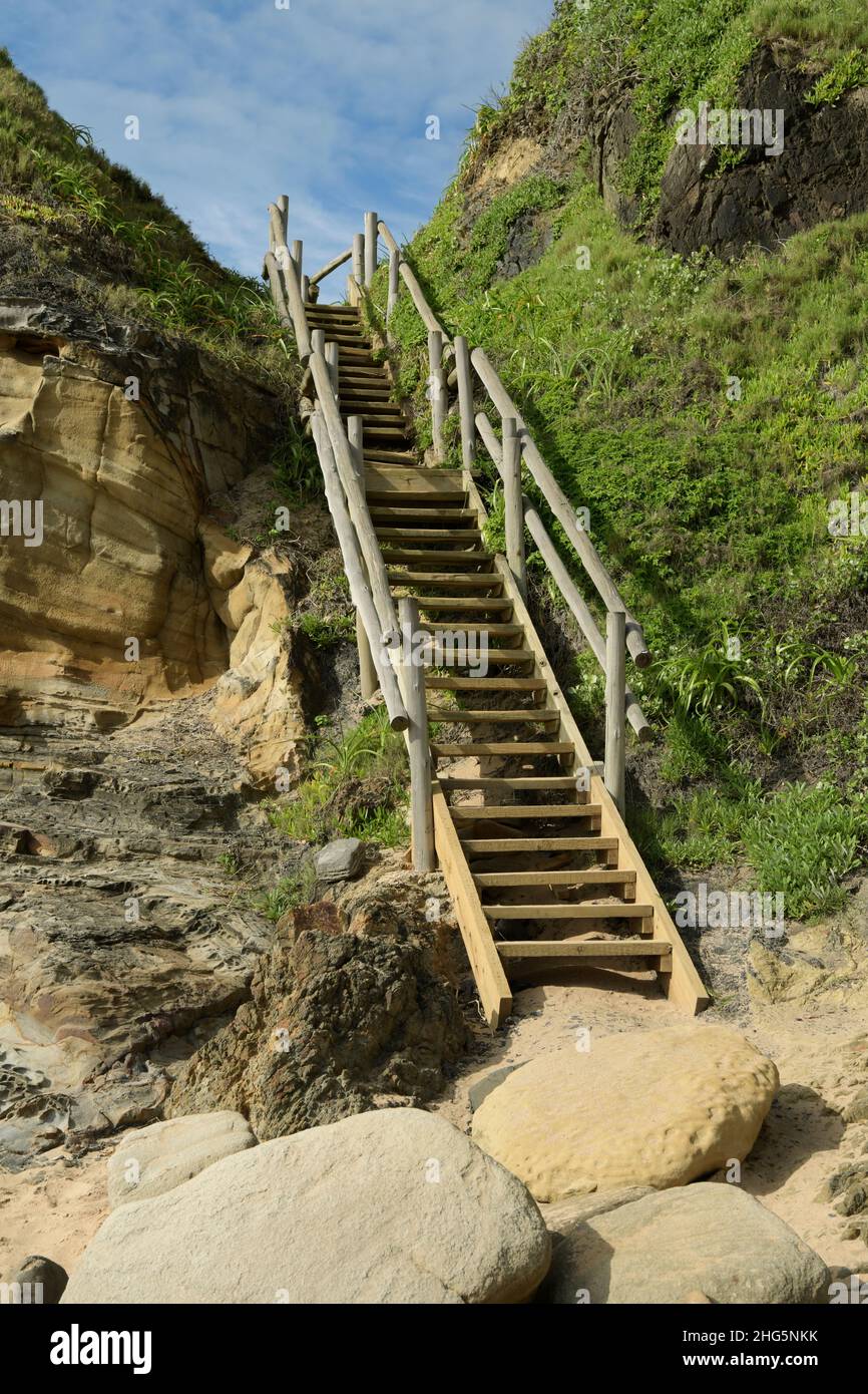 Man made stairs over beach dune, abstract concept, structure, erosion prevention, Balito, South Africa, steps, climbing, metaphor, bridge, ladder Stock Photo