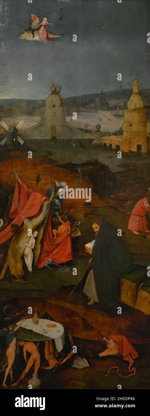 Hieronymus Bosch (1450-1516). Netherlandish painter. Triptych of the Temptations of Saint Anthony, 1498. Detail of the right panel depicting the Contemplation of St. Anthony, confronted with the temptations of the flesh and the sin of gluttony. National Museum of Ancient Art. Lisbon, Portugal. Stock Photo