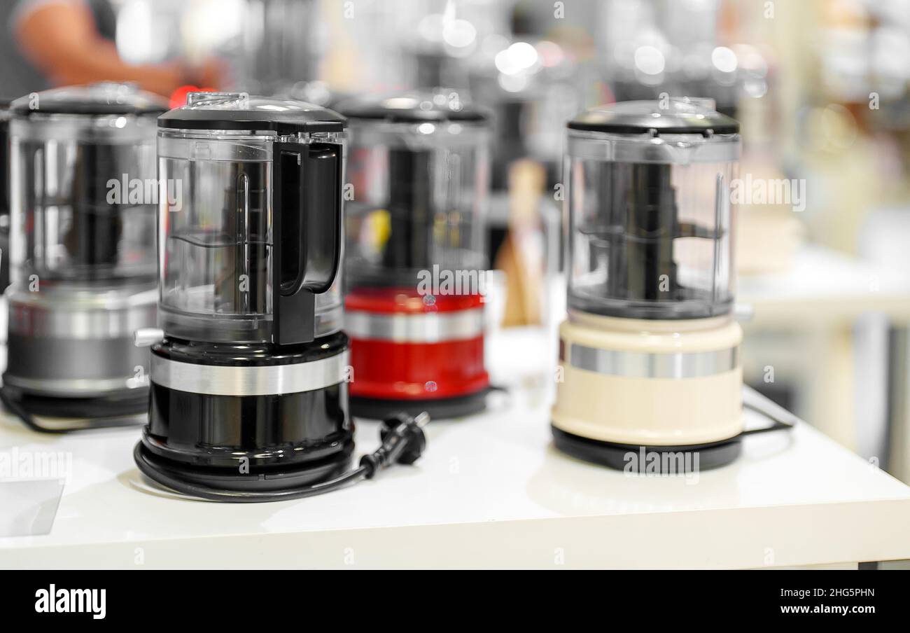 Electric food processors in an electronics store. Stock Photo