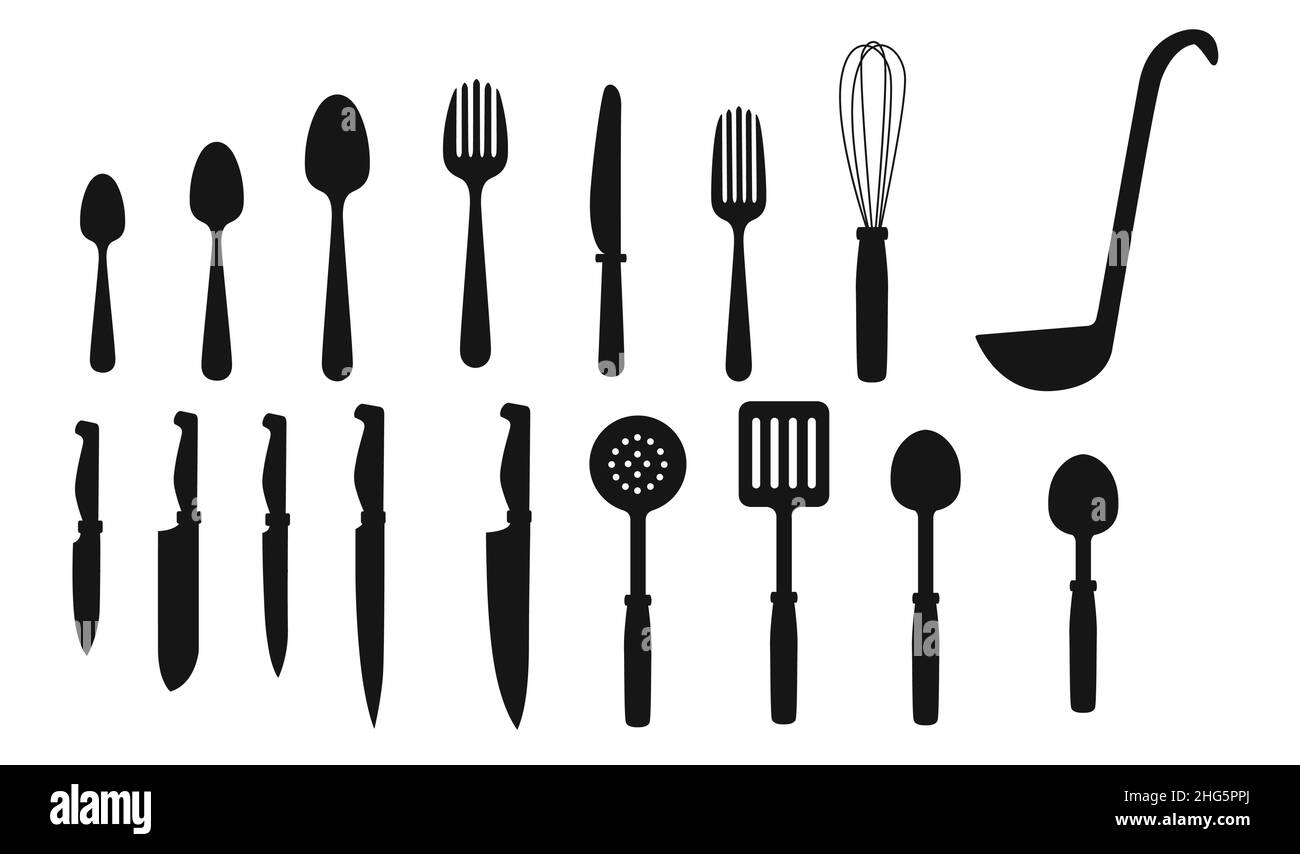 Black silhouette cutlery set with kitchen knives spoons forks vector