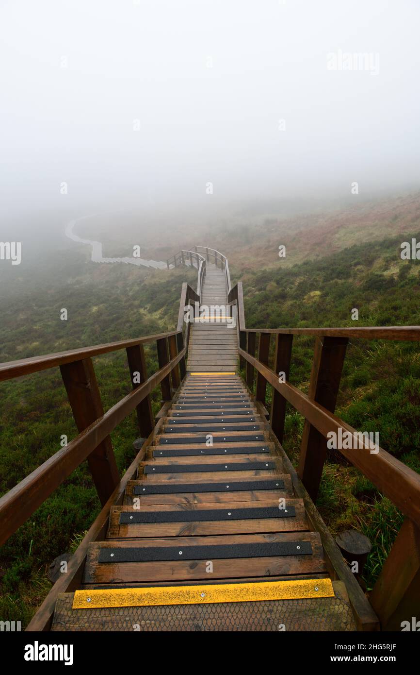 stairway to heaven,Cuilcagh Boardwalk Trail,Cuilcagh Legnabrocky Trail,fog,foggy,foggy weather,poor visibility,bad weather,bad weather for hiking,hiki Stock Photo