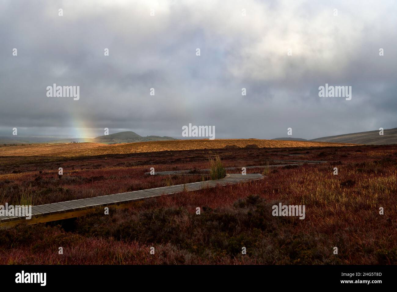 Cuilcagh Boardwalk Trail,Cuilcagh Legnabrocky Trail,rainbow,poor weather,bad weather,bad weather for hiking,hiking in the fog,hike,hikes,fermanagh,nor Stock Photo