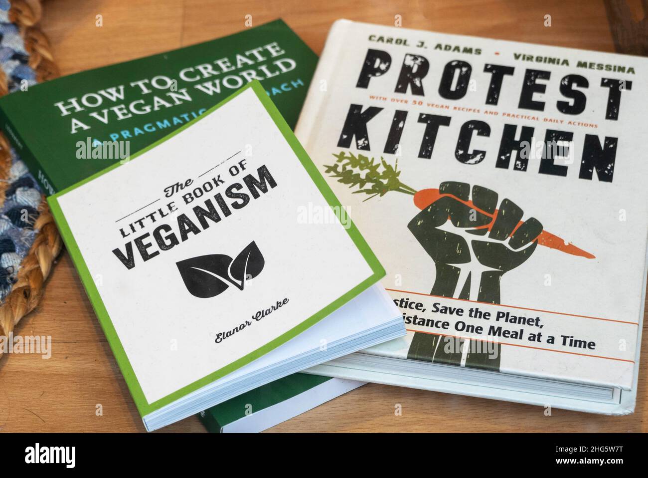 Books on veganism for people interested in vegan cooking and lifestyle Stock Photo