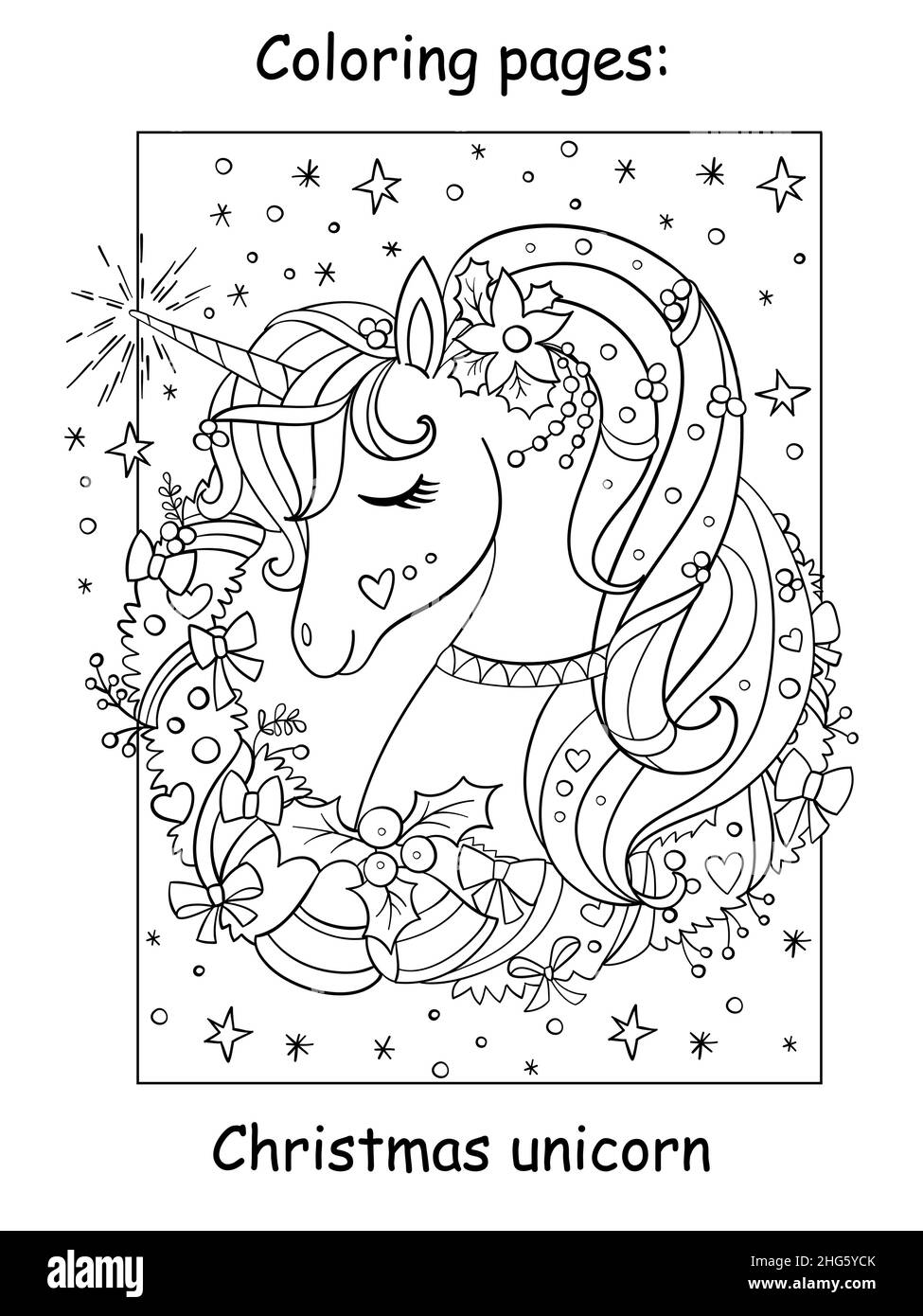 Cute and cheerful cute head of unicorn with christmas wreath on a starry background. Coloring book page for children. Vector cartoon illustration. For Stock Vector