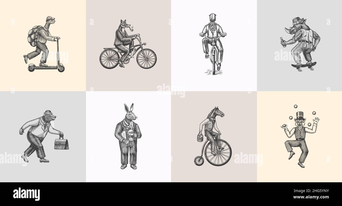 Fox on a bicycle, Cat juggler, turtle on a scooter. Bear, horse, hare ...