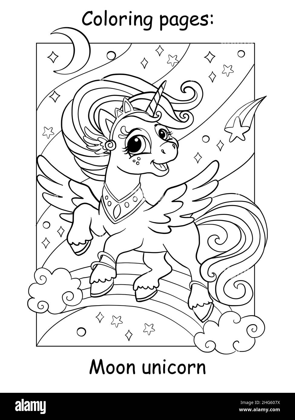 Cute Unicorn princess flying in the sky with a rainbow, stars and moon. Coloring book page for children. Vector cartoon illustration. For coloring boo Stock Vector