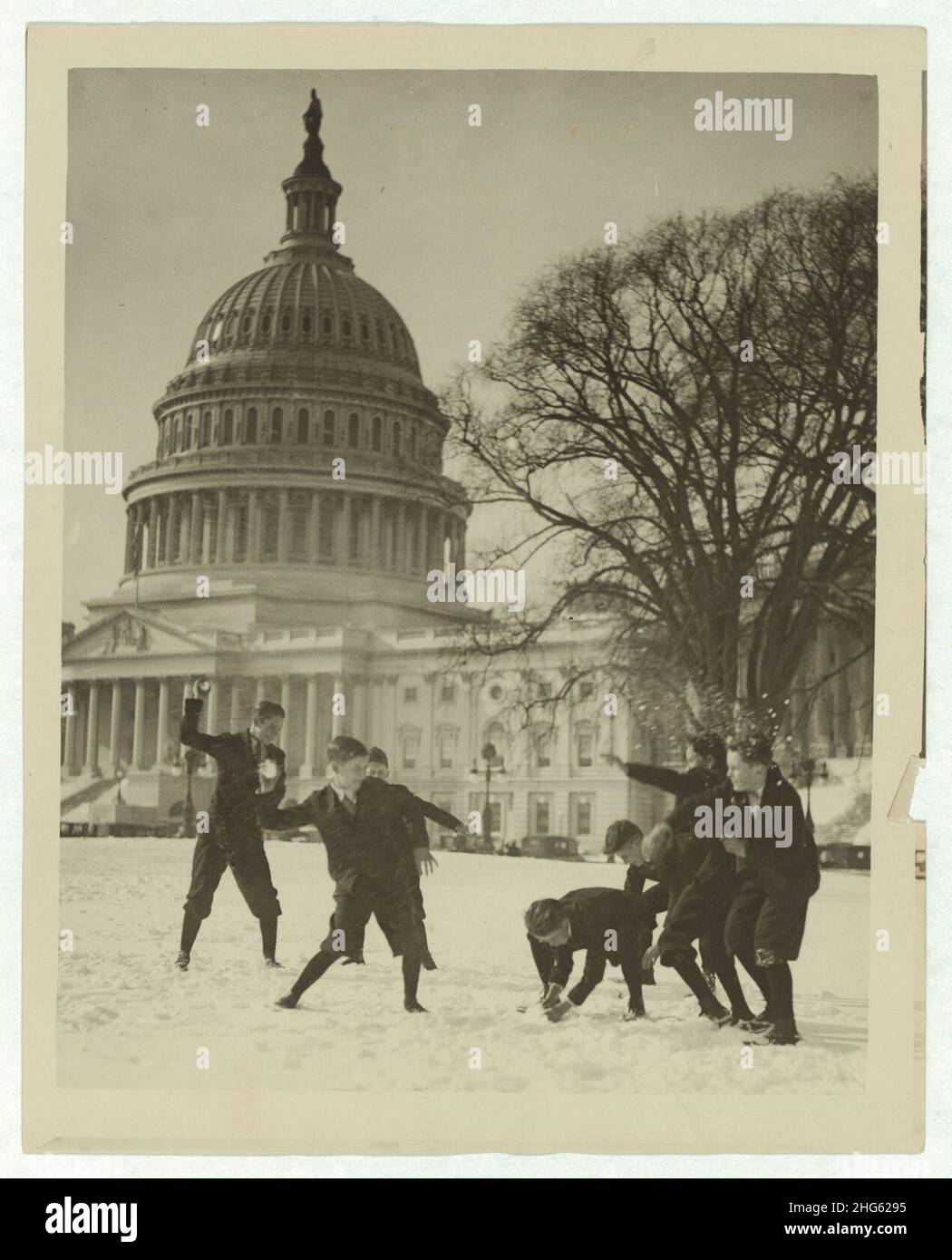 Senate page boys stage their first snow battle on the Capitol plaza Stock Photo
