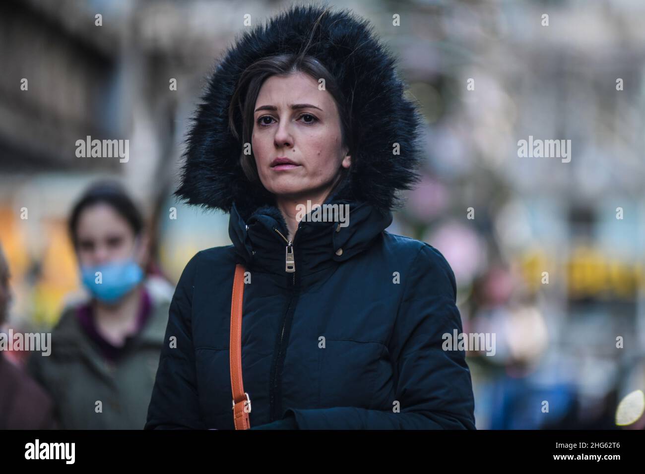 Woman in winter clothes, Knez Mihailova street. Belgrade, Serbia Stock Photo