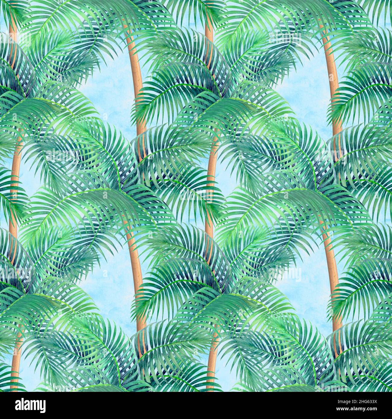 Watercolor background with tropical palm trees seamless pattern on blue ...