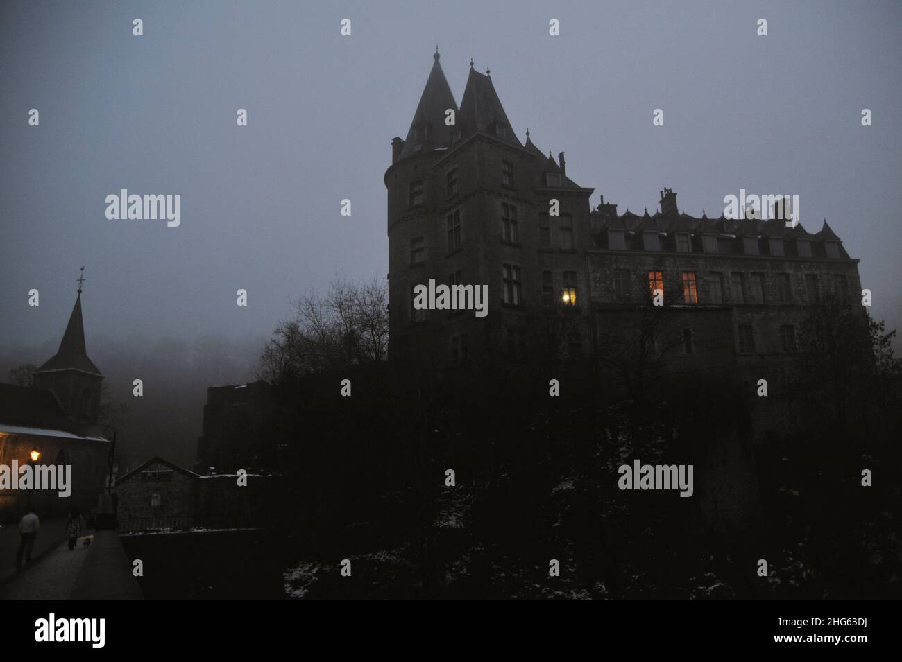 Castle of Durbuy in the fog Stock Photo