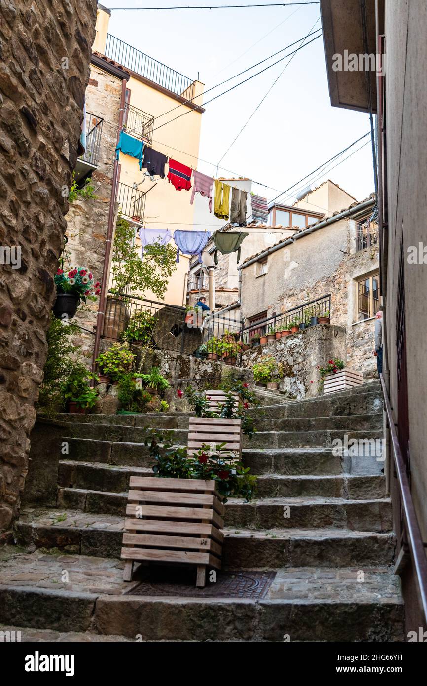 Rural houses and narrow streets in the medieval village Geraci Siculo ...