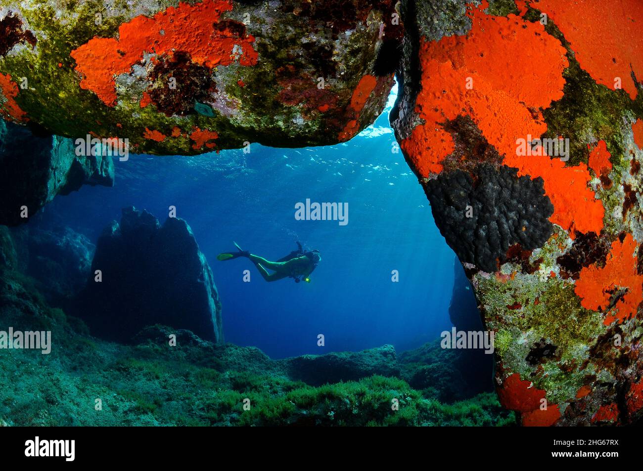 Diver in a nice cave of Capraia island, Tuscan archipelago. Stock Photo