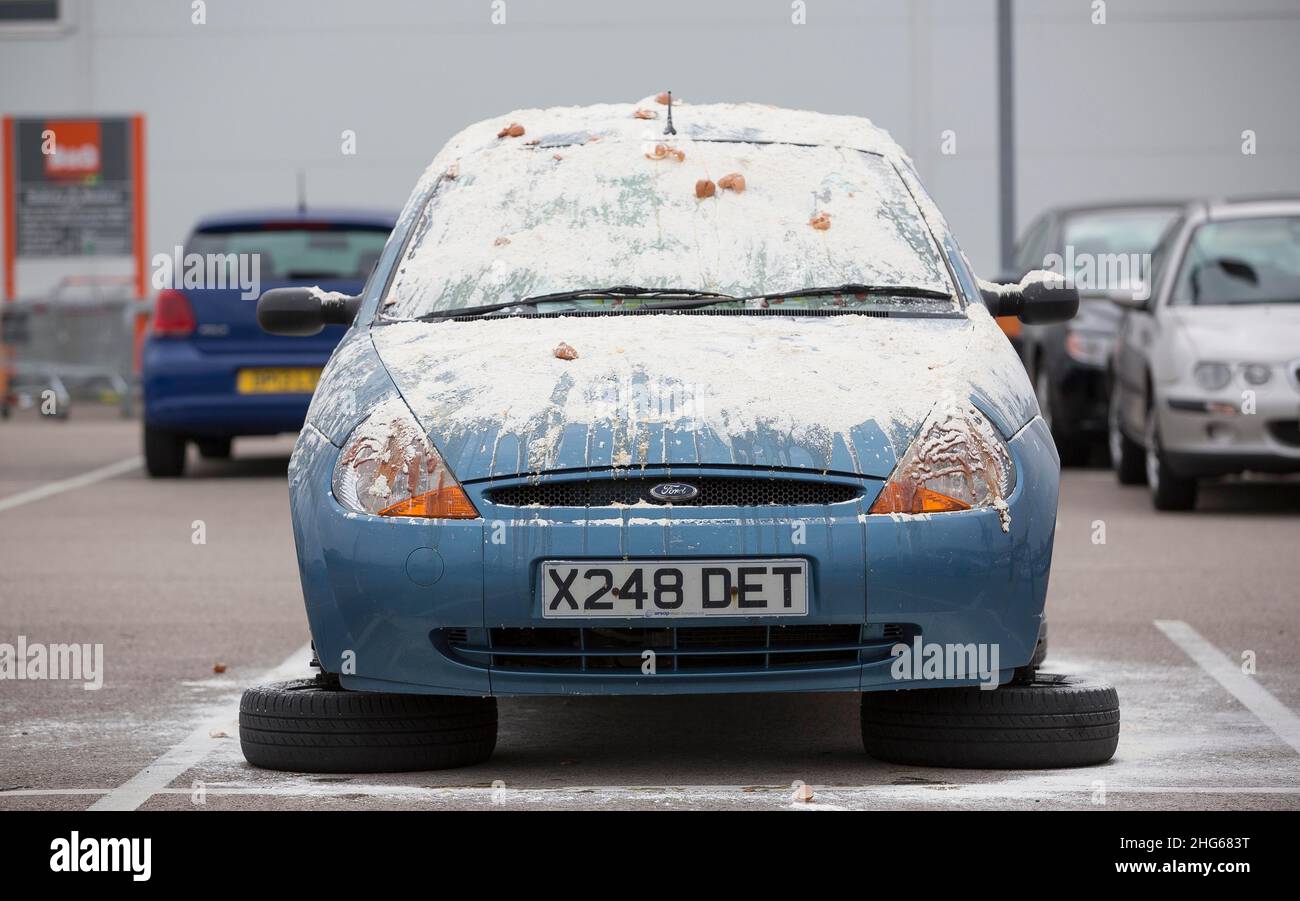 Ford Ka covered in eggs and flour with wheels removed in a shopping centre car park Stock Photo