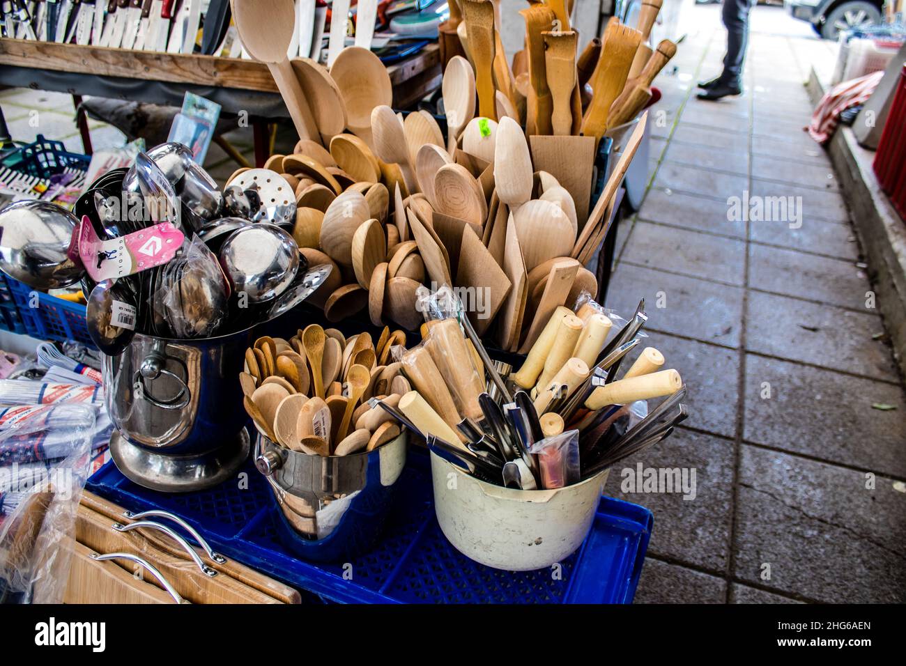 Famagusta, Turkish Republic of Northern Cyprus- January 13, 2022 Typical Cypriot market, Everyday life metal and wood consumable supplies and products Stock Photo