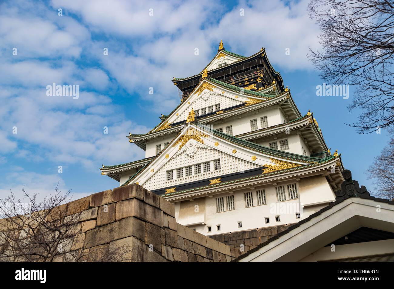 A picture of the Osaka Castle and taken from the square below. Stock Photo